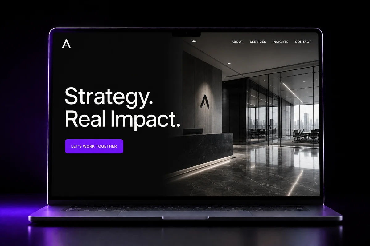 Laptop mockup of a monochrome corporate consulting website hero reading Strategy, Real Impact, with a violet call to action button and a modern office lobby
