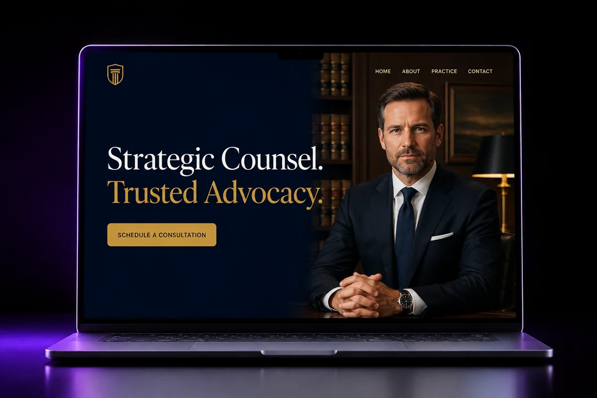Laptop mockup of a navy and gold law firm website hero reading Strategic Counsel, Trusted Advocacy, with a gold consultation button and an attorney portrait