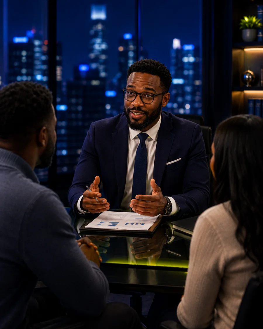 Financial advisor meeting two clients at a desk in a high-rise office with a night skyline behind