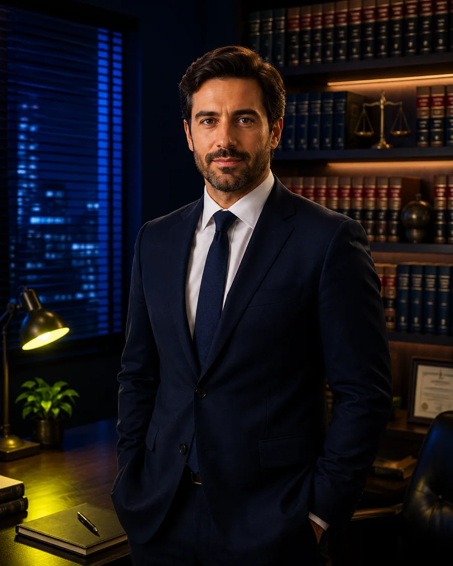 Attorney in a navy suit standing in a dark law office with book-lined shelves and brass scales